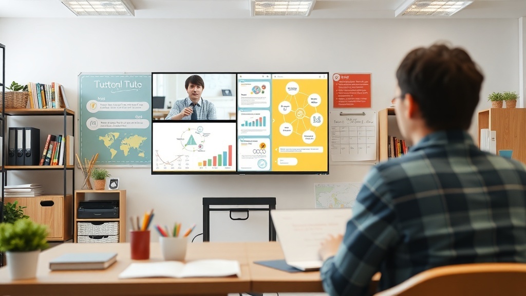 A tutor teaching online with a screen displaying educational content and a student taking notes.