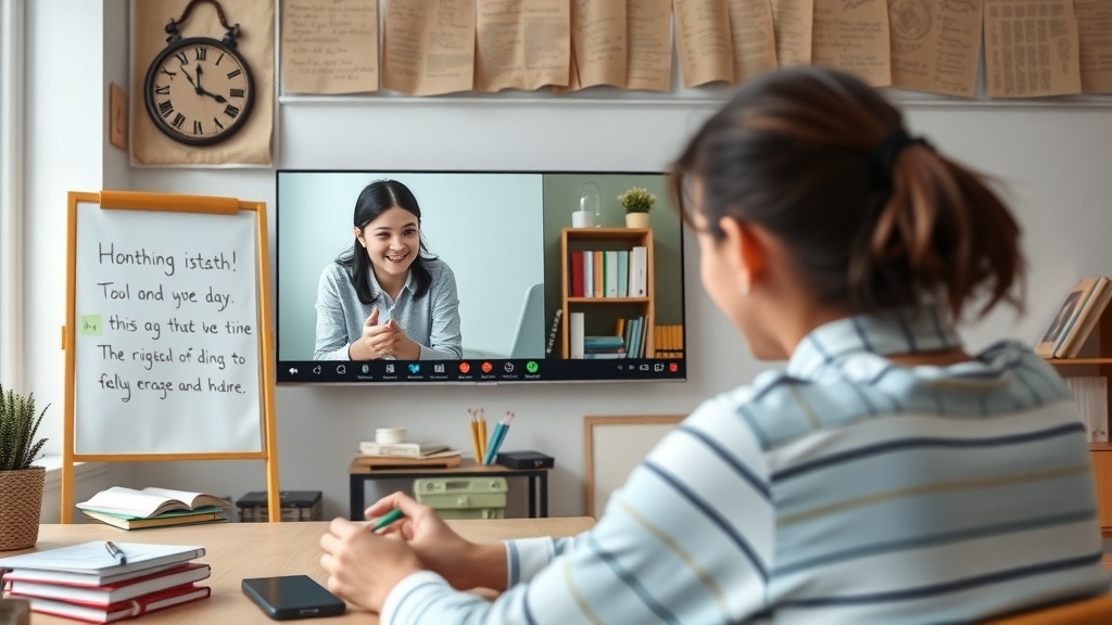 A person engaged in an online tutoring session, interacting with a tutor on a screen.