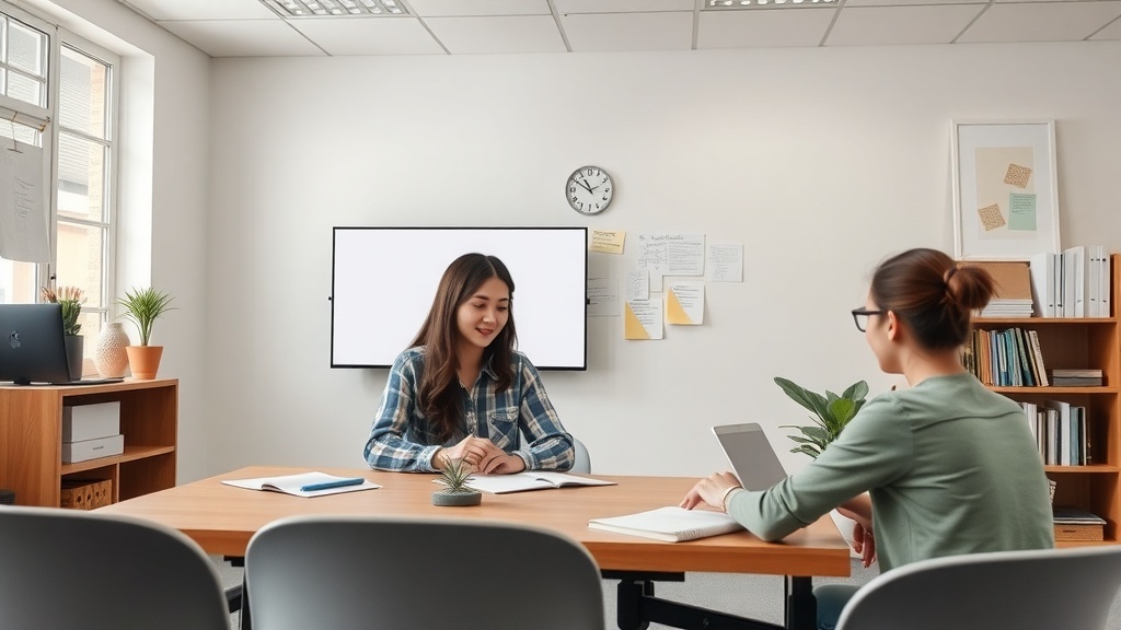 A cozy tutoring session with a tutor and a student discussing writing skills.