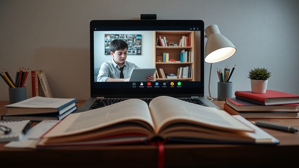 A teenager tutoring another student online via a laptop, with study materials on the desk.