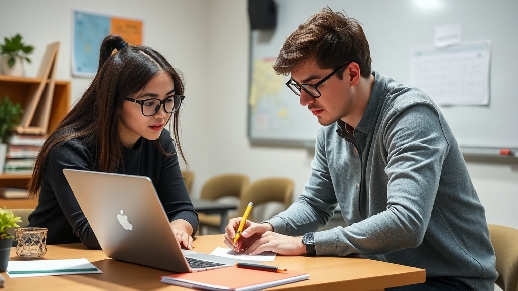 Two students engaged in an online tutoring session, focusing on a laptop and taking notes.