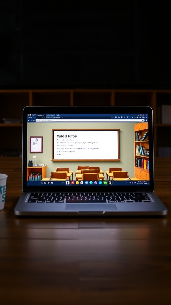 A laptop displaying an online tutoring platform with a classroom background.