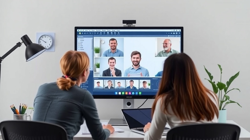 Two people participating in an online tutoring session, focused on a computer screen with multiple video feeds.