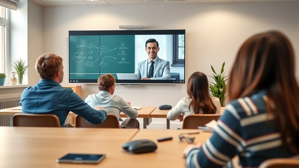 A virtual classroom with a tutor on a screen and students engaged in learning.