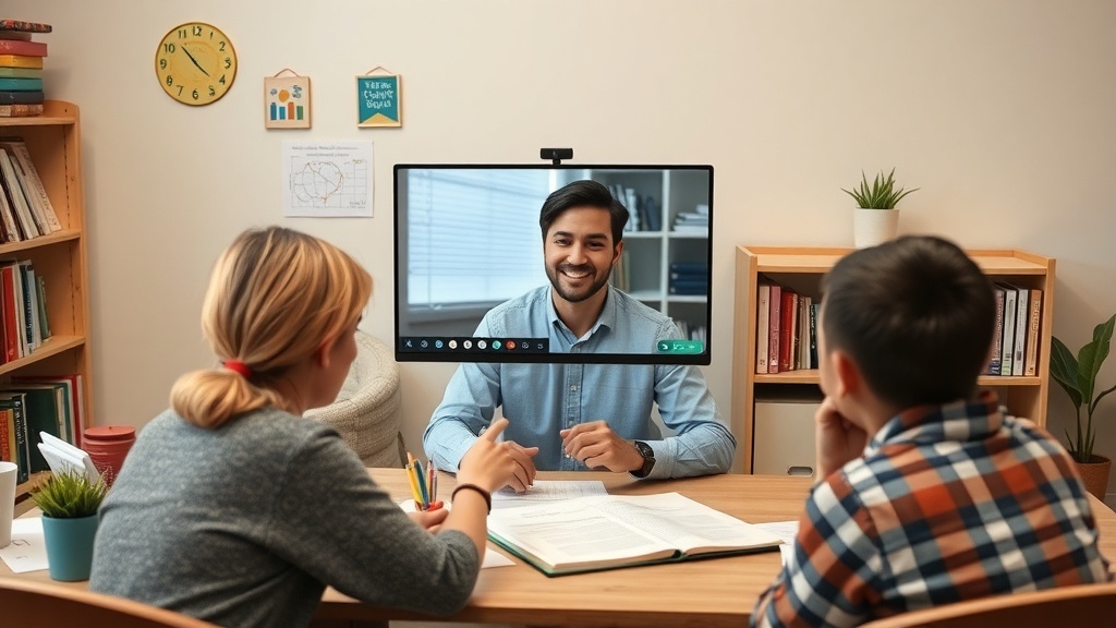 A tutor teaching two students through a video call, showcasing online tutoring.