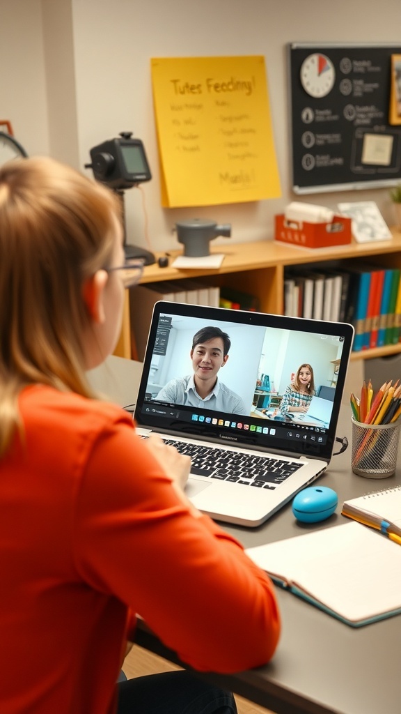A person participating in an online tutoring session on a laptop.