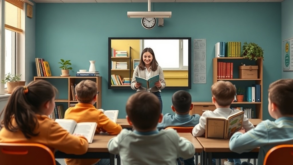 A teacher reading aloud to a group of children in a classroom setting.