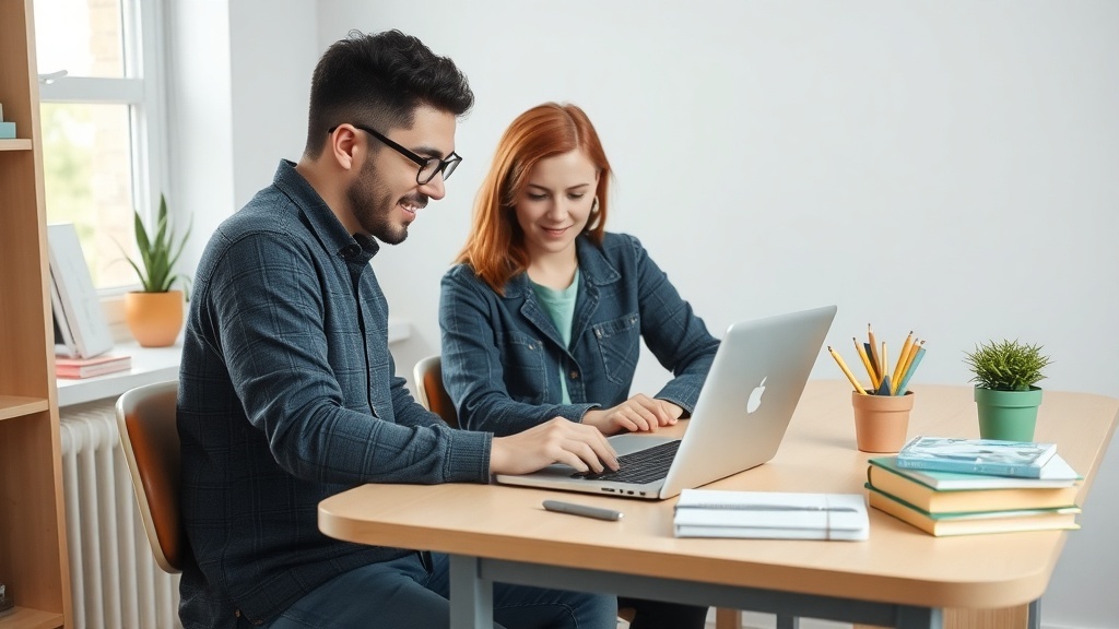Two people engaged in an online tutoring session at a table with a laptop and study materials.