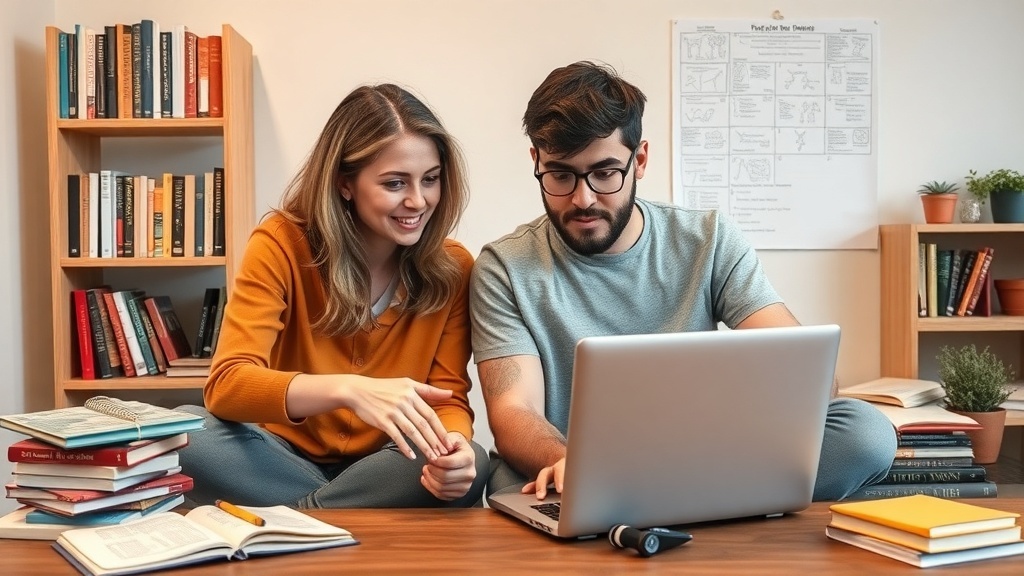 Two people engaged in an online tutoring session with books and a laptop.
