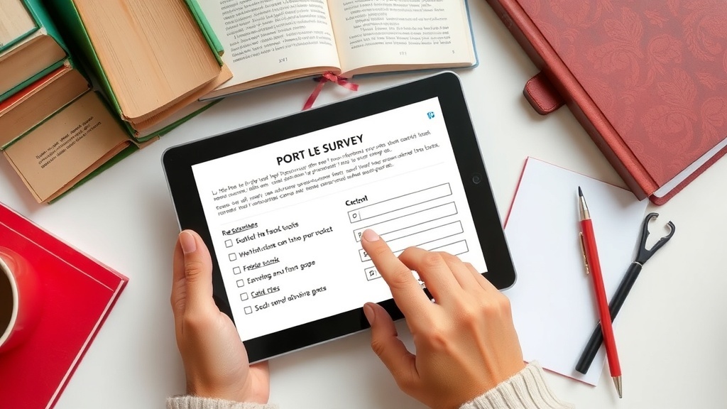 A person filling out a book survey on a tablet surrounded by books.