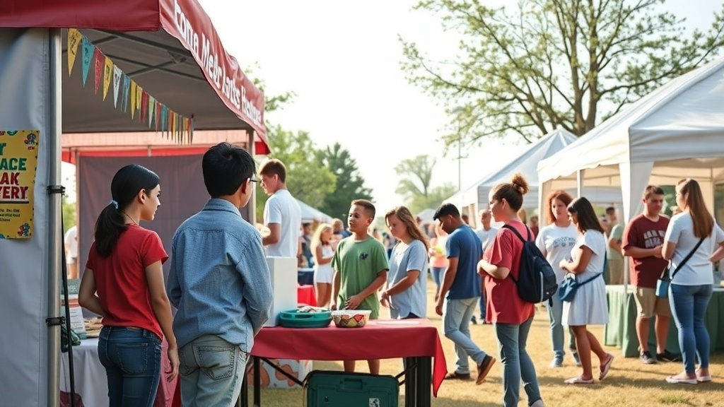 A community event with colorful tents and people interacting, showcasing opportunities for kids to participate and earn money.