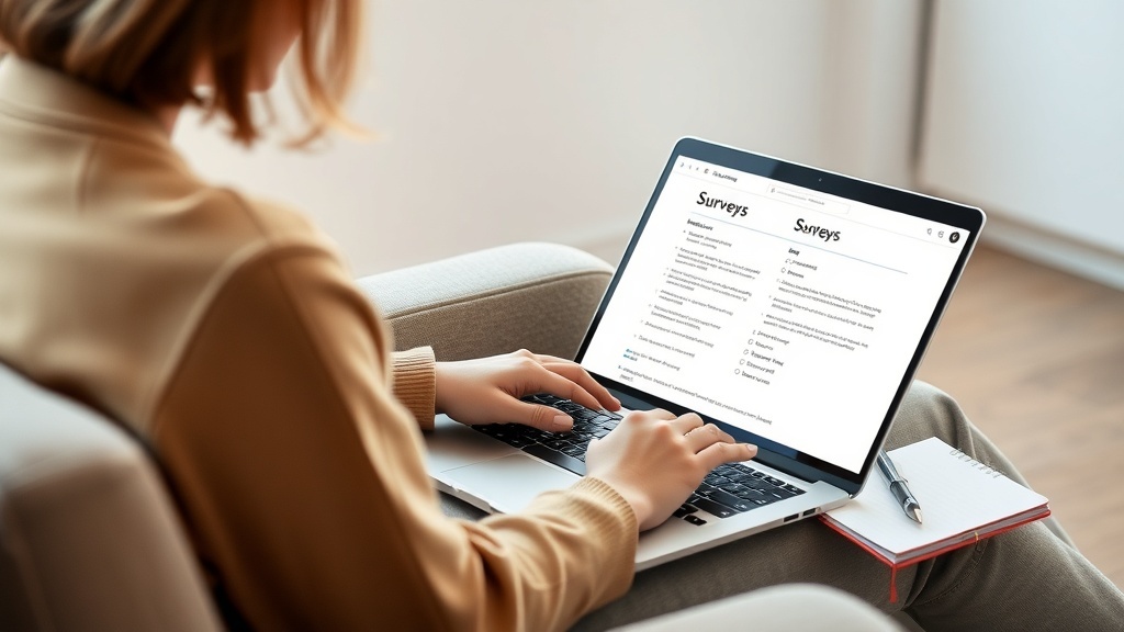 A person sitting on a couch, working on a laptop with survey options displayed on the screen.