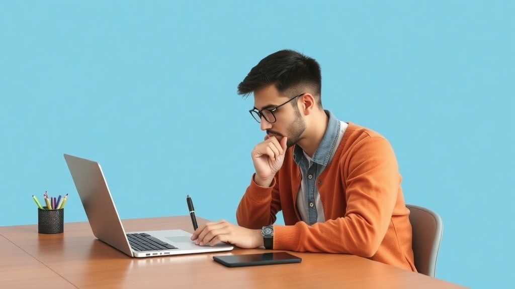 A person sitting at a desk with a laptop, looking thoughtful while writing.