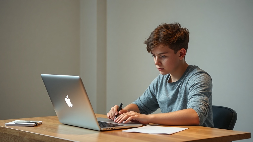 A focused teen working on a laptop at a desk, engaged in online surveys.