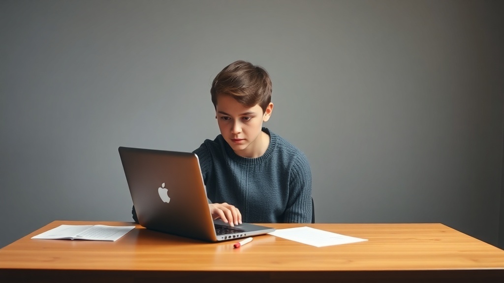 A teenager sitting at a desk, focused on a laptop while participating in online surveys.