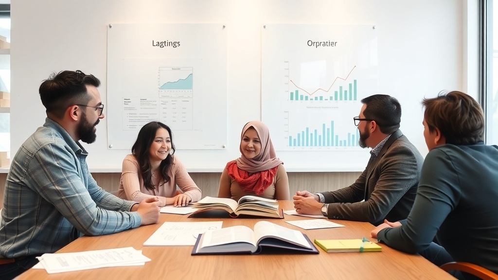 A group of five people engaged in a discussion around a table with books and charts in a modern meeting room.
