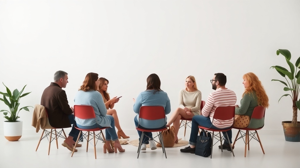 A group of people sitting in a circle, engaged in discussion, with plants in the background.