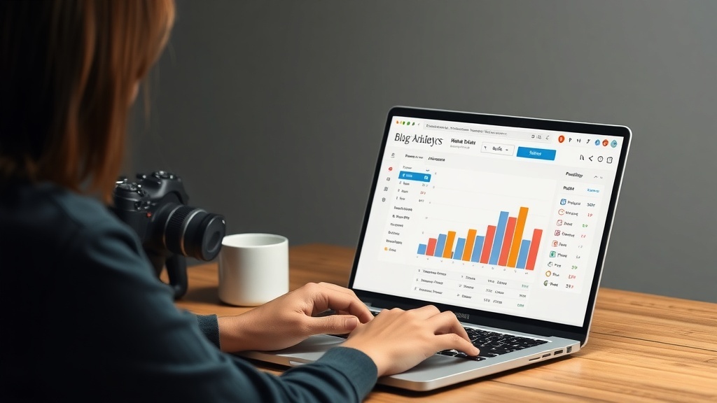 A person analyzing blog statistics on a laptop, with a camera and a coffee cup nearby.