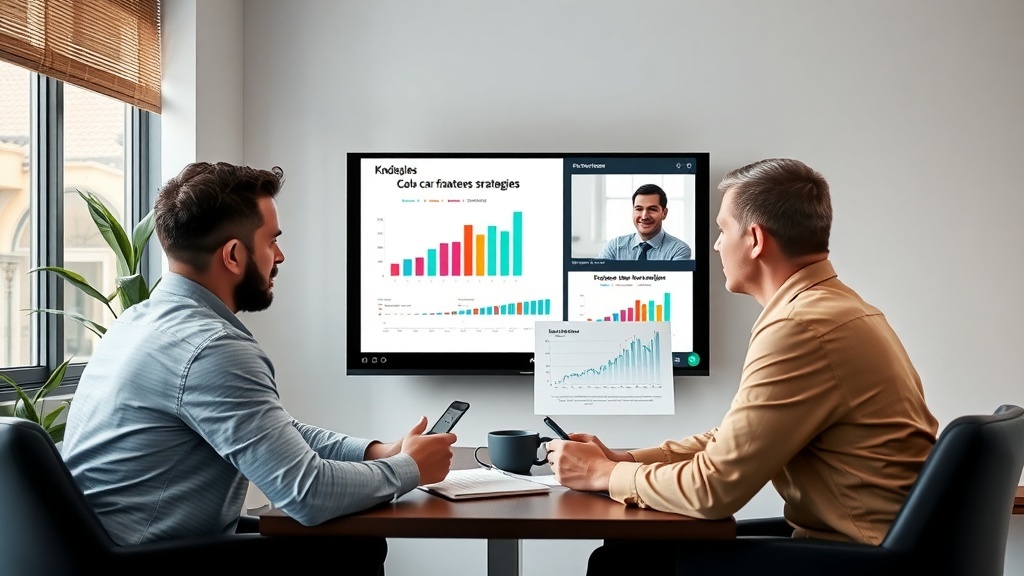 Two individuals in a personal finance coaching session, focused on financial graphs and strategies displayed on a screen.