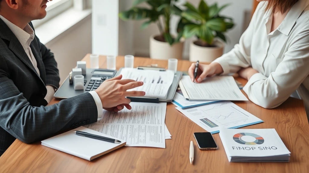 A personal finance consultant meeting with a client, discussing financial documents and strategies.