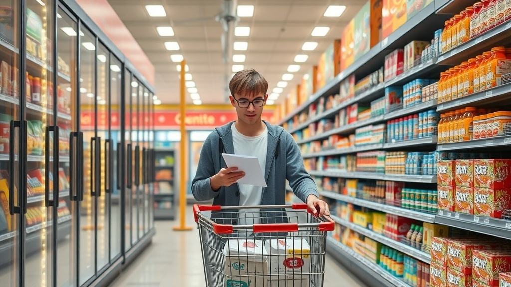 Teenager shopping in a grocery store with a shopping list.