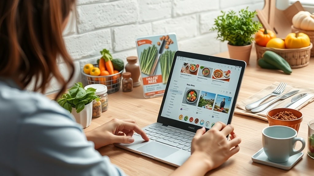 A person working on a laptop at a kitchen table surrounded by fresh vegetables and herbs, browsing meal planning ideas.