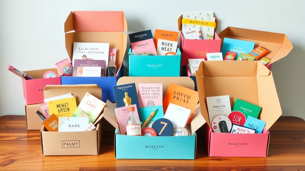 Colorful personalized subscription boxes filled with various products.