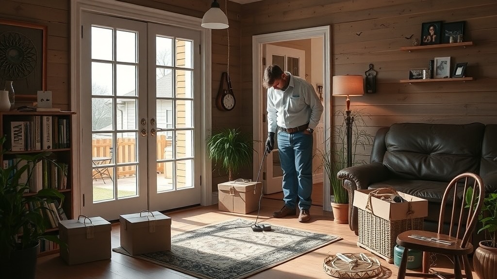 A pest control technician inspecting a living room for pests.