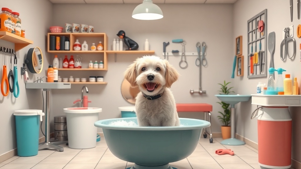 A happy dog in a grooming tub surrounded by grooming tools and pet care products.