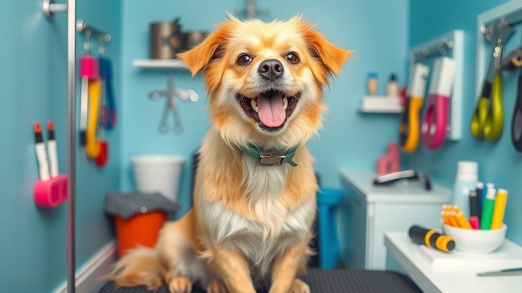 A happy dog sitting in a colorful pet grooming space with grooming tools in the background.