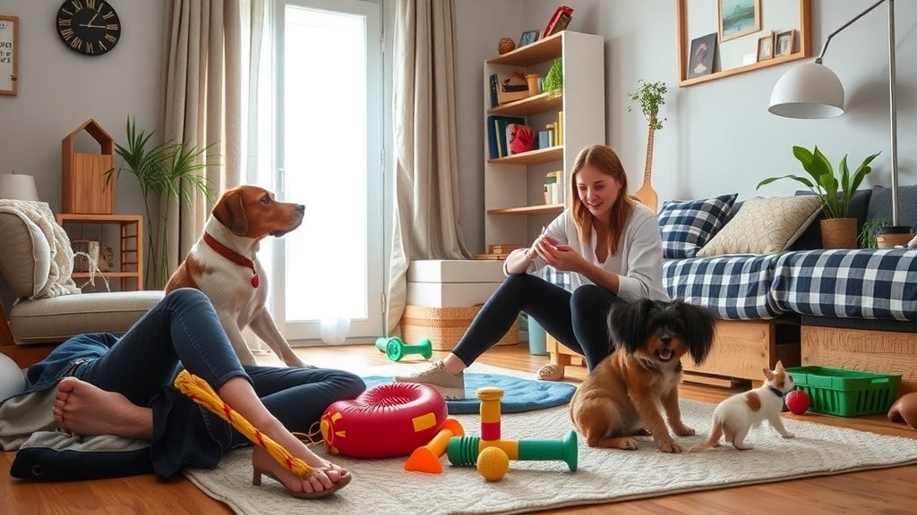 A cozy living room with a person sitting on the floor surrounded by a dog, a puppy, and a cat, showcasing a relaxed pet-sitting environment.