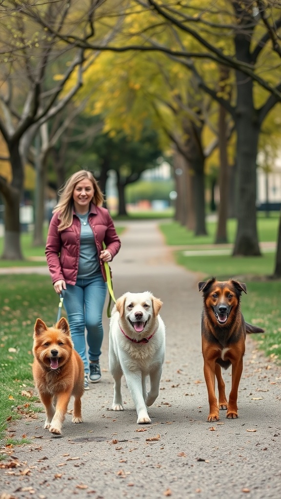 A woman walking three happy dogs in a park during autumn.