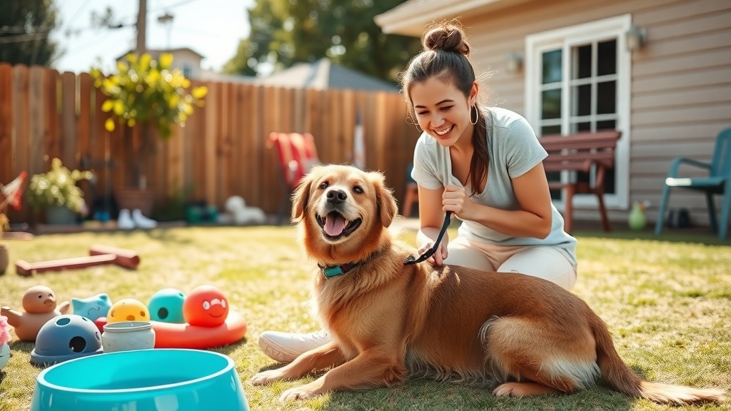 A woman smiling while petting a happy dog in a backyard with colorful toys around.