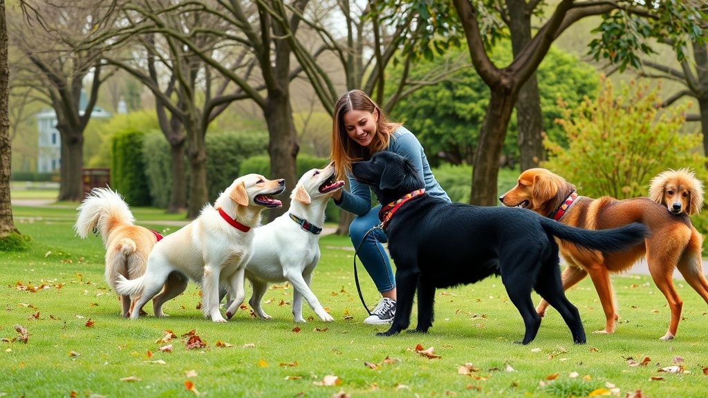 A person happily interacting with several dogs in a park setting.