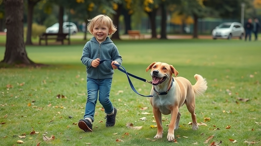 A young child happily walking a dog in a park.