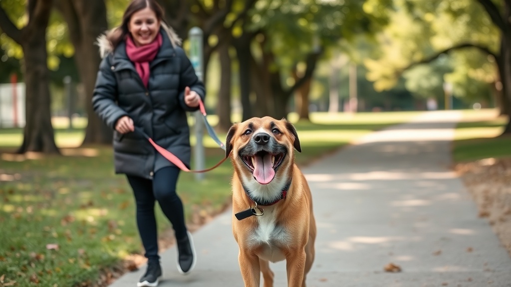 A person happily walking a dog in a park.