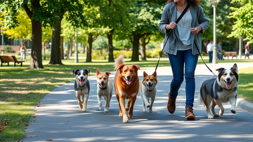 A person walking multiple dogs in a park, showcasing the joy of pet sitting and dog walking services.