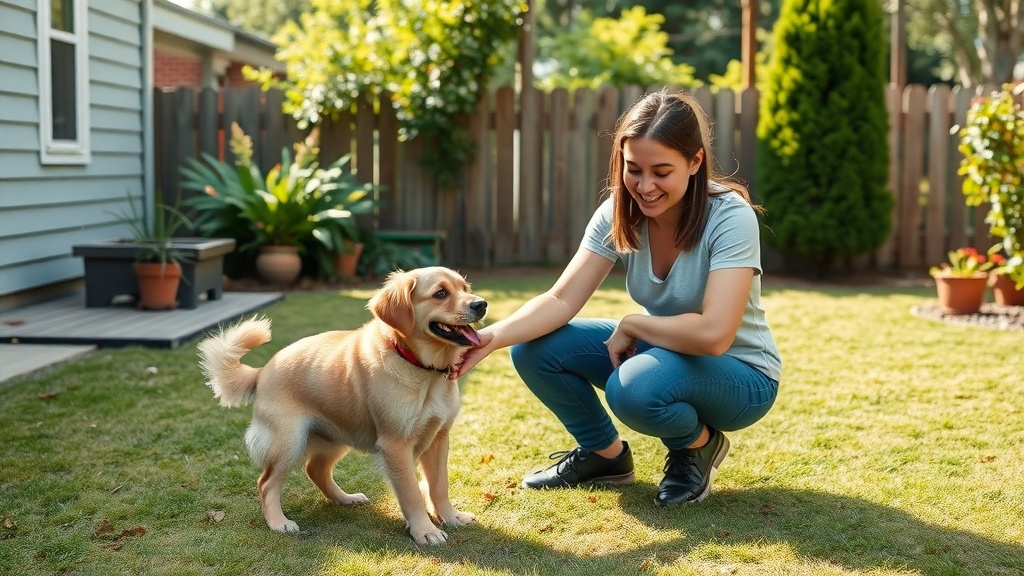 A woman smiling and playing with a golden retriever in a backyard.