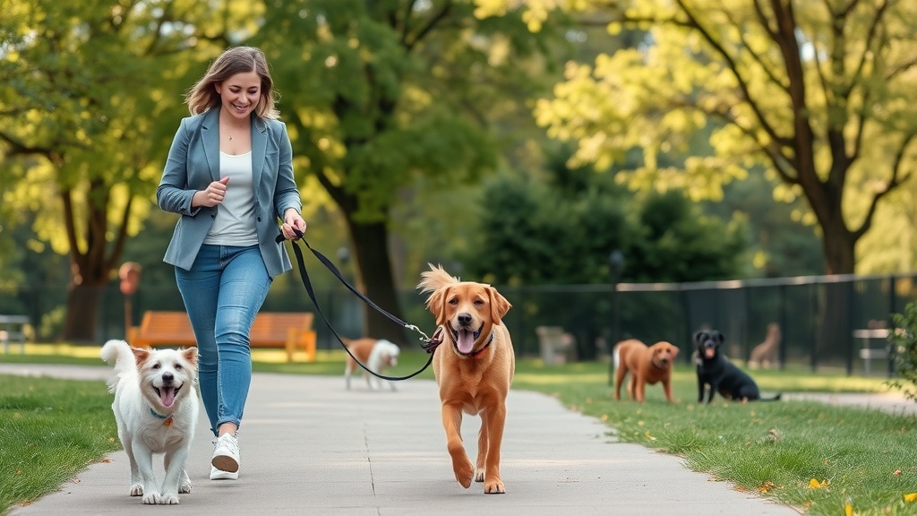 A person happily walking two dogs in a park, surrounded by trees and other dogs.