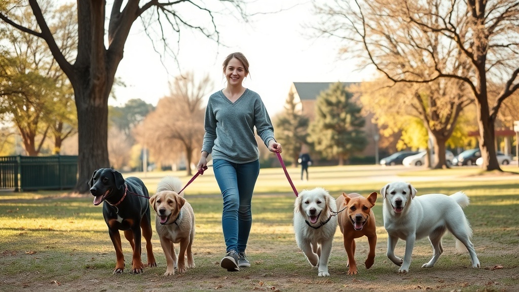 A young person walking multiple dogs in a park, showcasing the joy of pet sitting and dog walking.