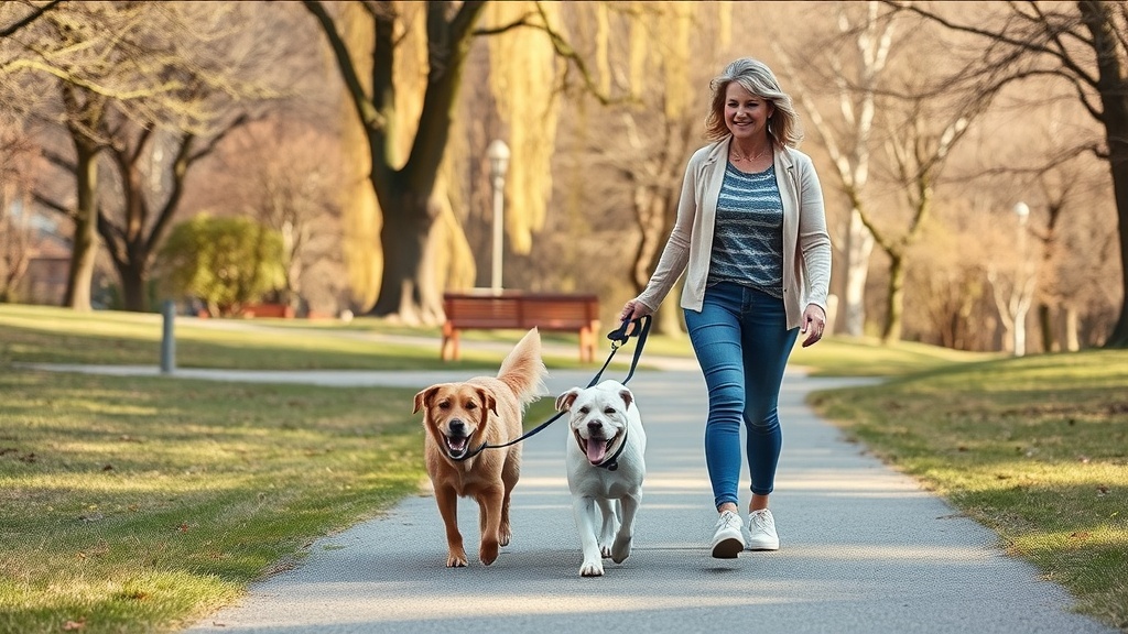 A woman walking two dogs in a park, enjoying the outdoors.
