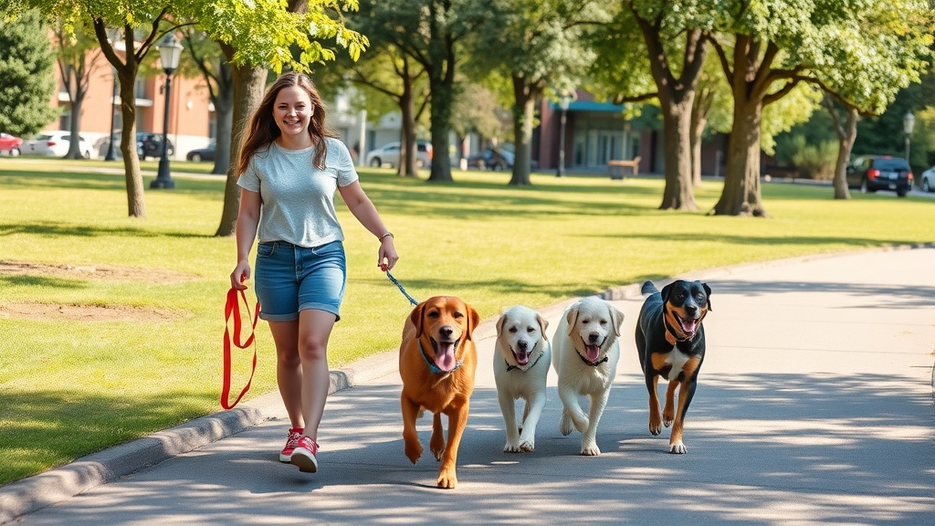A teenager walking four dogs in a park on a sunny day.