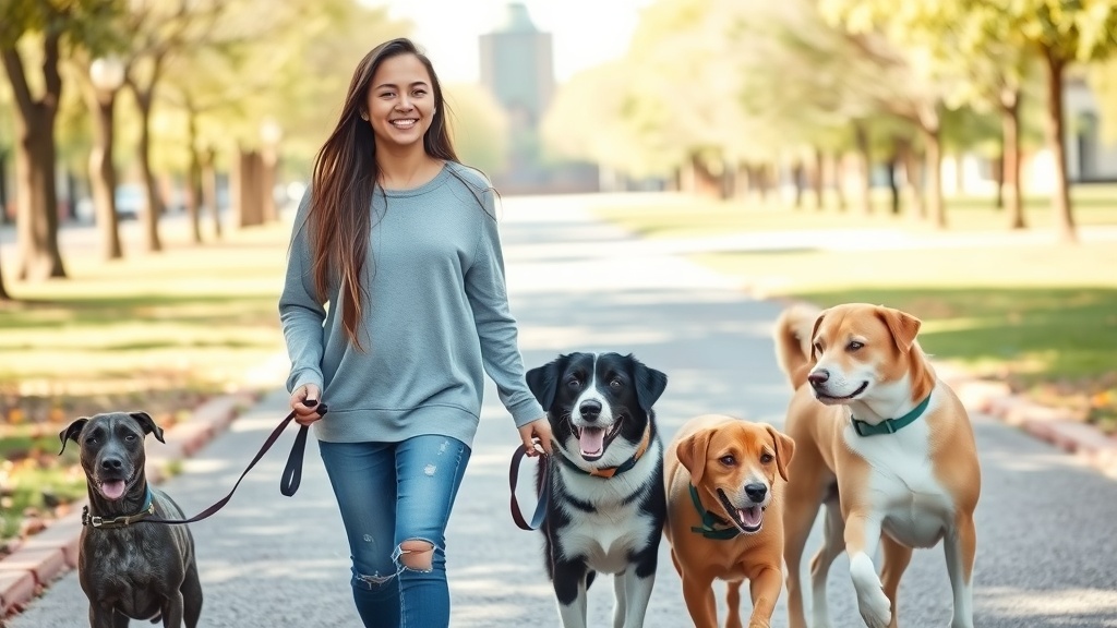 A young person happily walking multiple dogs in a park.