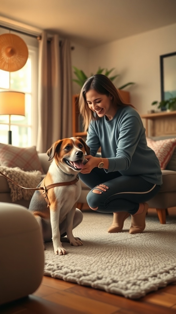 A woman happily interacting with a dog in a cozy living room.