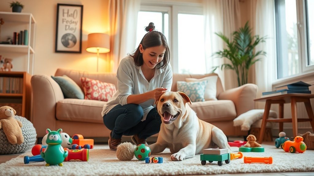 A person petting a dog in a cozy living room filled with toys.