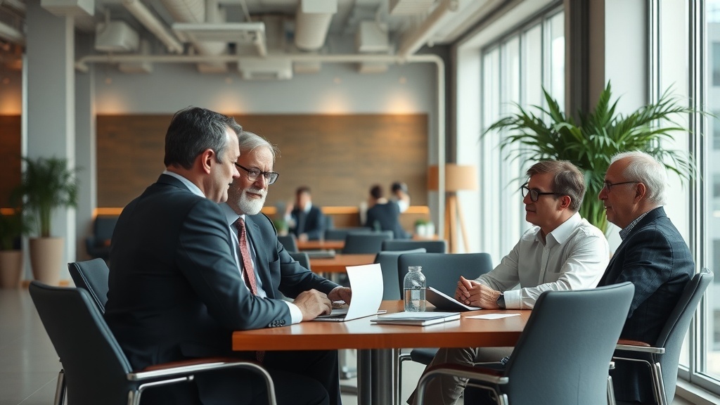 A group of business professionals in a modern office setting discussing investment opportunities.