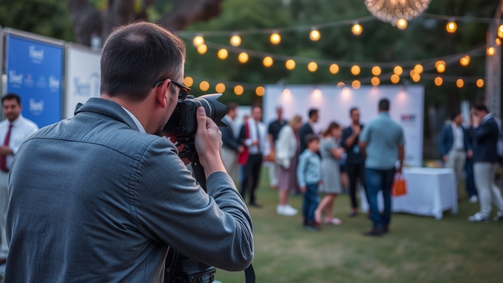 A photographer capturing moments at an outdoor event with string lights in the background.