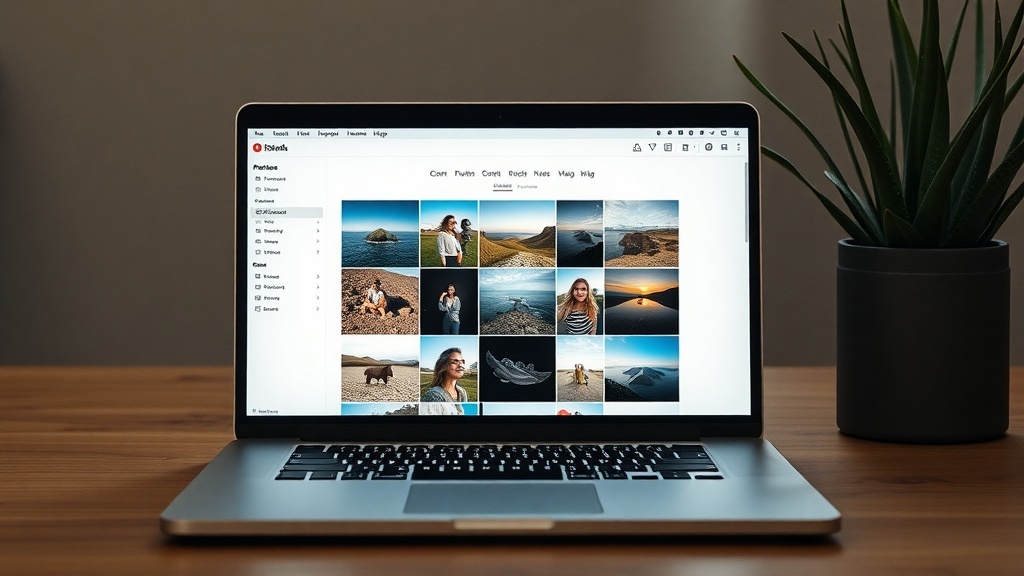 A laptop showing photo editing software with various images displayed.