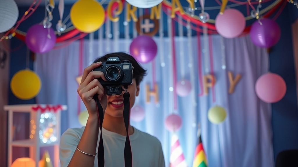 A young person holding a camera in a decorated room with colorful balloons.