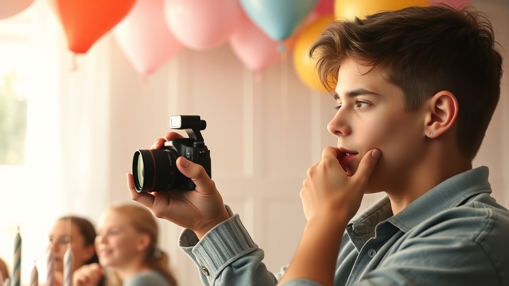 A teenager holding a camera, focused on taking photos at an event with colorful balloons in the background.